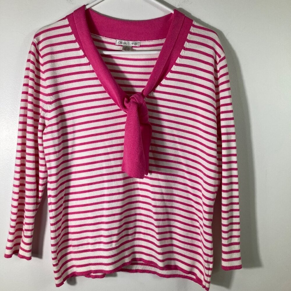 Womens Vintage Casual Corner Tie Neck Barbie‎ Sweater 3/4 Sleeve Pink White XL